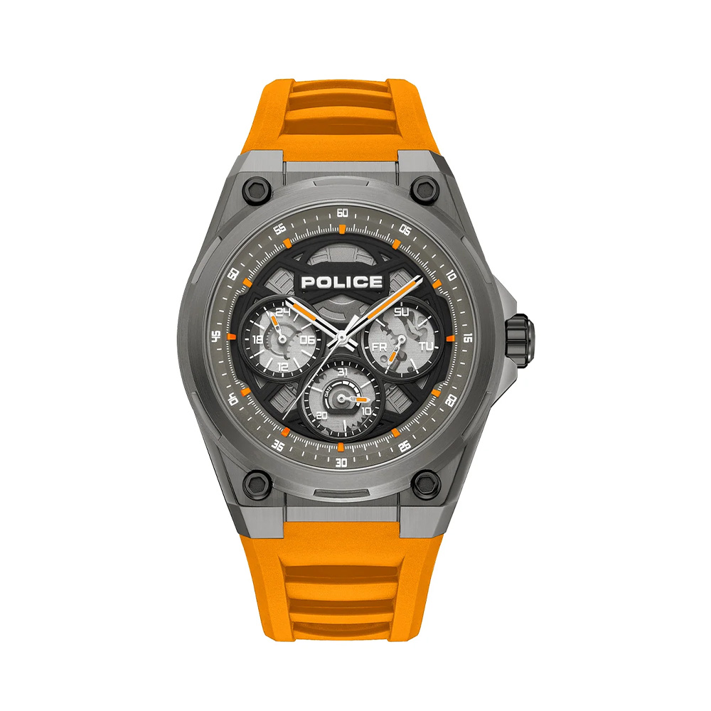 Picture of Police Dominion Black Gunmetal Dial Orange Silicone Strap Mens Watch PEWGQ0093802