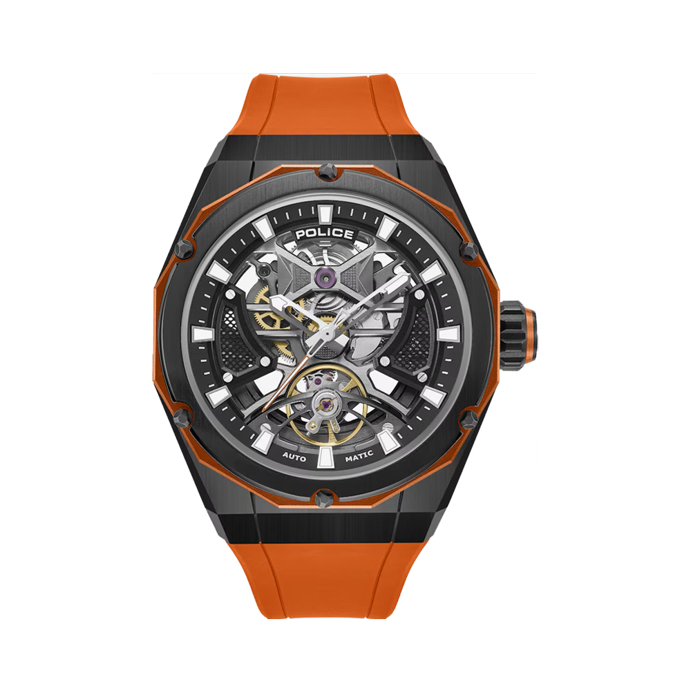 Picture of Police Dayton Skeleton Black Dial Orange Silicone Automatic Mens Watch PEWGR0082302