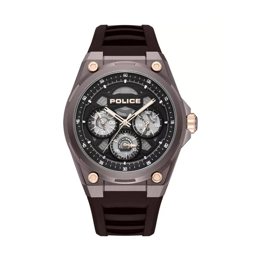 Picture of Police Dominion Black Dial Brown Silicone Strap Mens Watch PEWGQ0093801