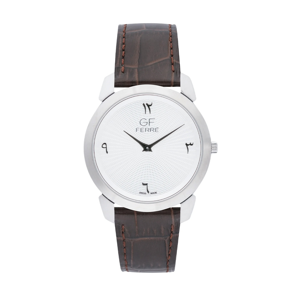 Picture of GF Ferre Unisex White Dial Silver Watch Brown Leather Strap GFSSBRW29612M